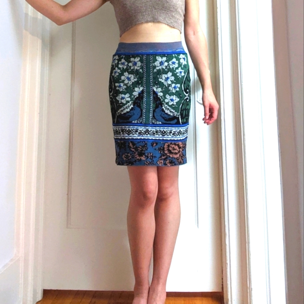 Anthropologie Moth Green and Blue Floral Pencil Skirt